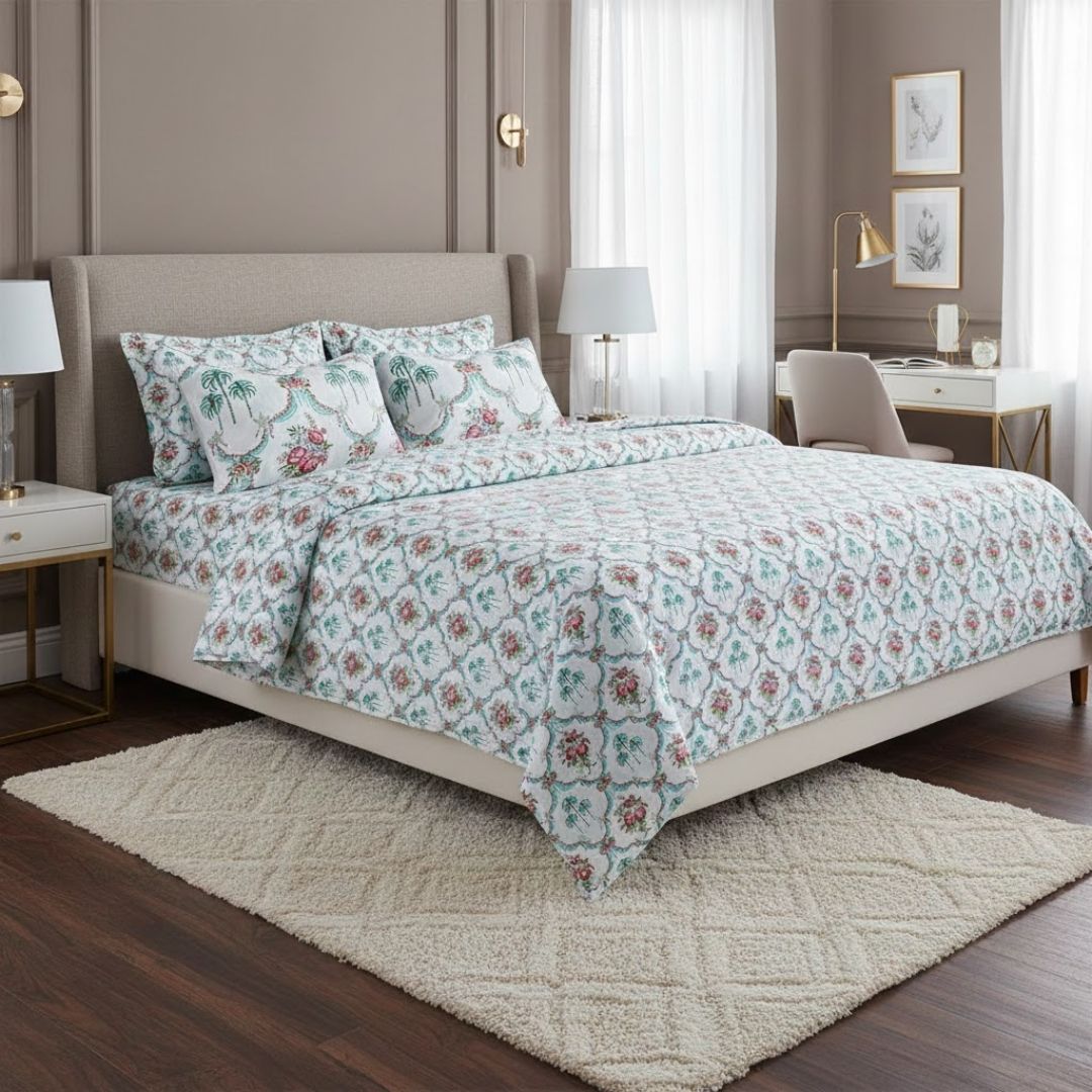 Vibrant Rose Bouquet Block Printed Jaipur Mela Cotton Bedsheet